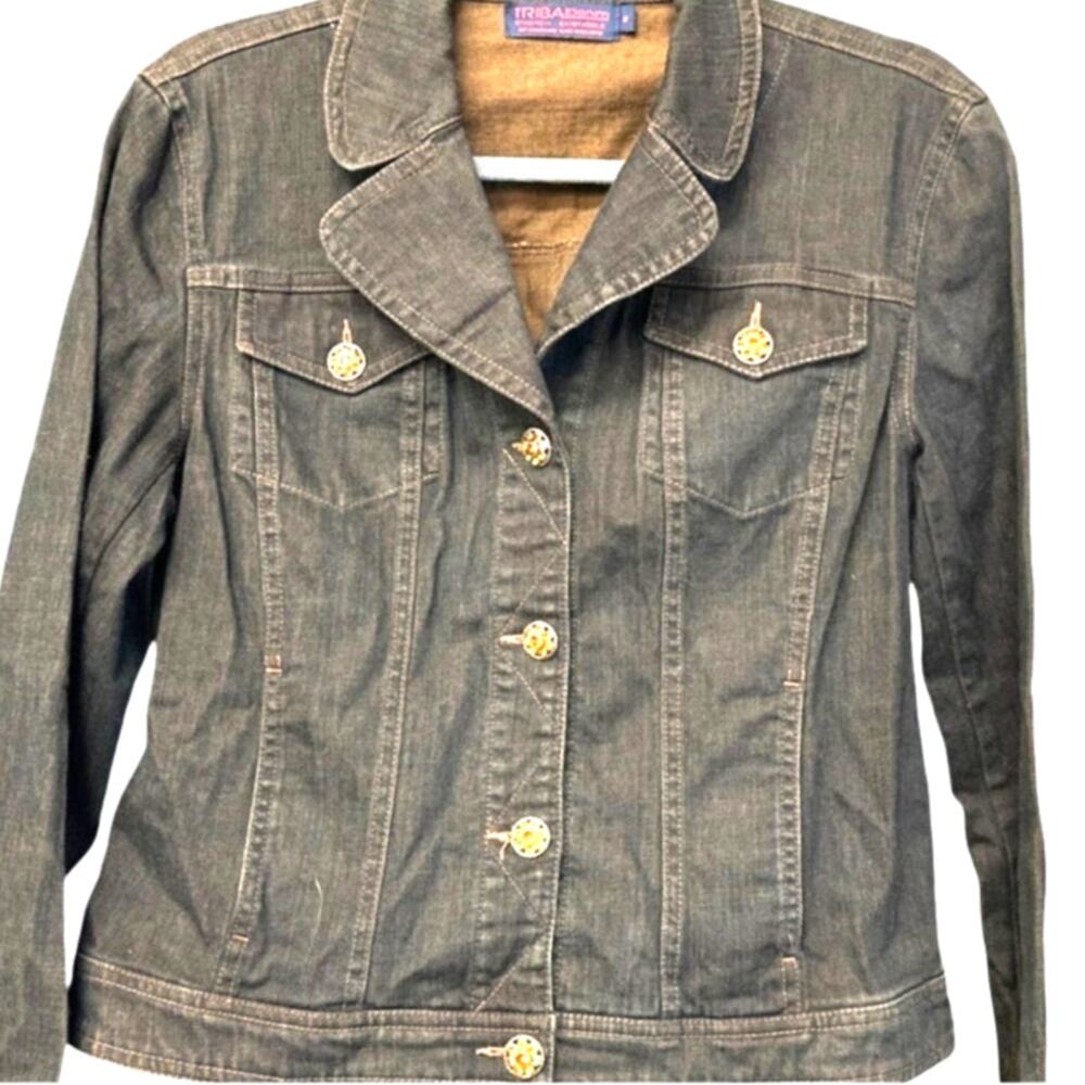 Tribal Denim Stretch Jacket Size 8 Rhinestone Accent Buttons Blue Jean Jacket